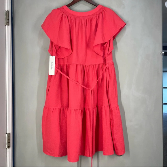 Calvin Klein Women's Flutter Sleeve V-Neck Gauze Dress Size 12 NWT Watermelon - Picture 10 of 16